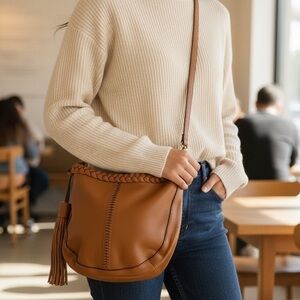 Olivia & Joy Tan Leather Crossbody Bag with whipstitching detail
